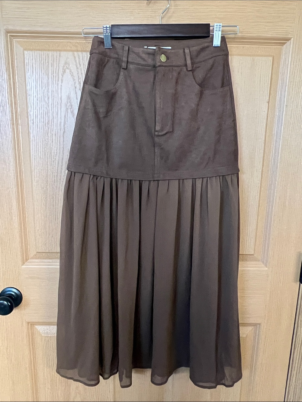 NWT Commense Brown Suede Midi Skirt with Sheer Gathered Chiffon